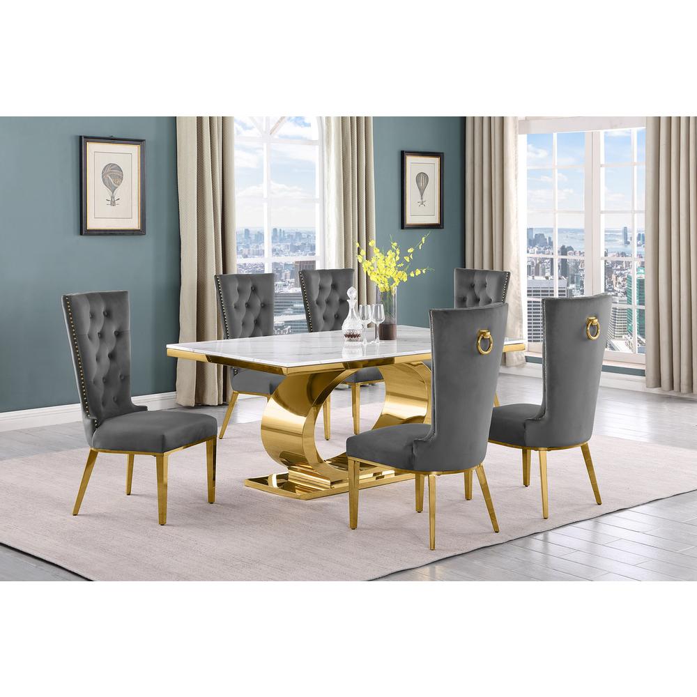 7pc Small(86″) marble top dining set with gold base and 6 Dark grey side chairs