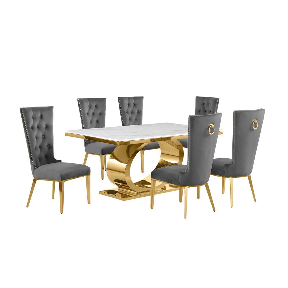 7pc Small(86″) marble top dining set with gold base and 6 Dark grey side chairs