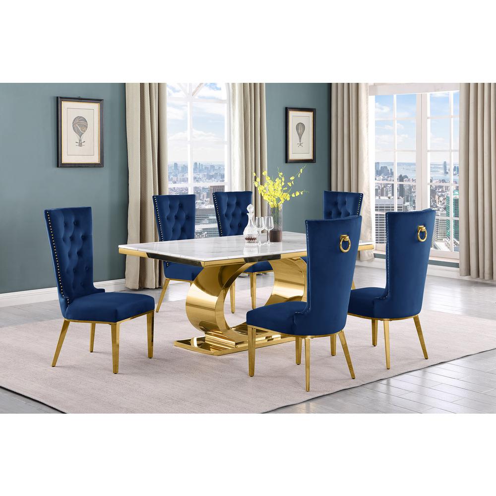 7pc Small(68″) marble top dining set with gold base and 6 Navy blue side chairs