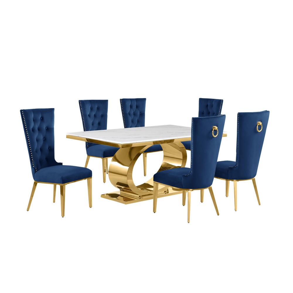 7pc Small(68″) marble top dining set with gold base and 6 Navy blue side chairs