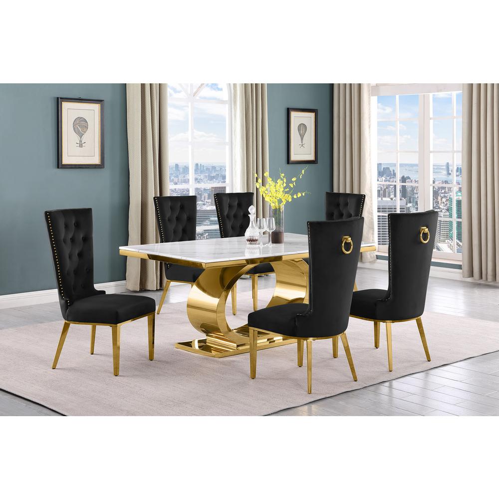 7pc Small(68″) marble top dining set with gold base and 6 Black side chairs