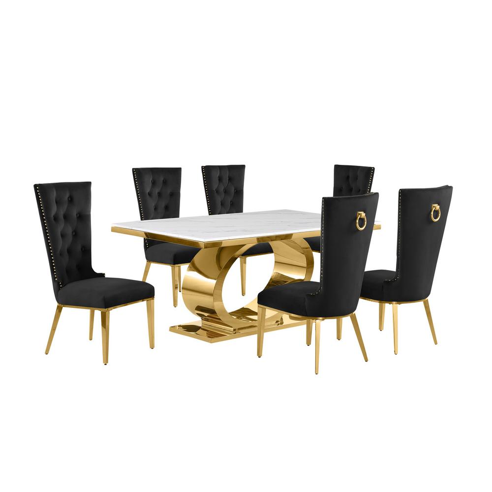 7pc Small(68″) marble top dining set with gold base and 6 Black side chairs