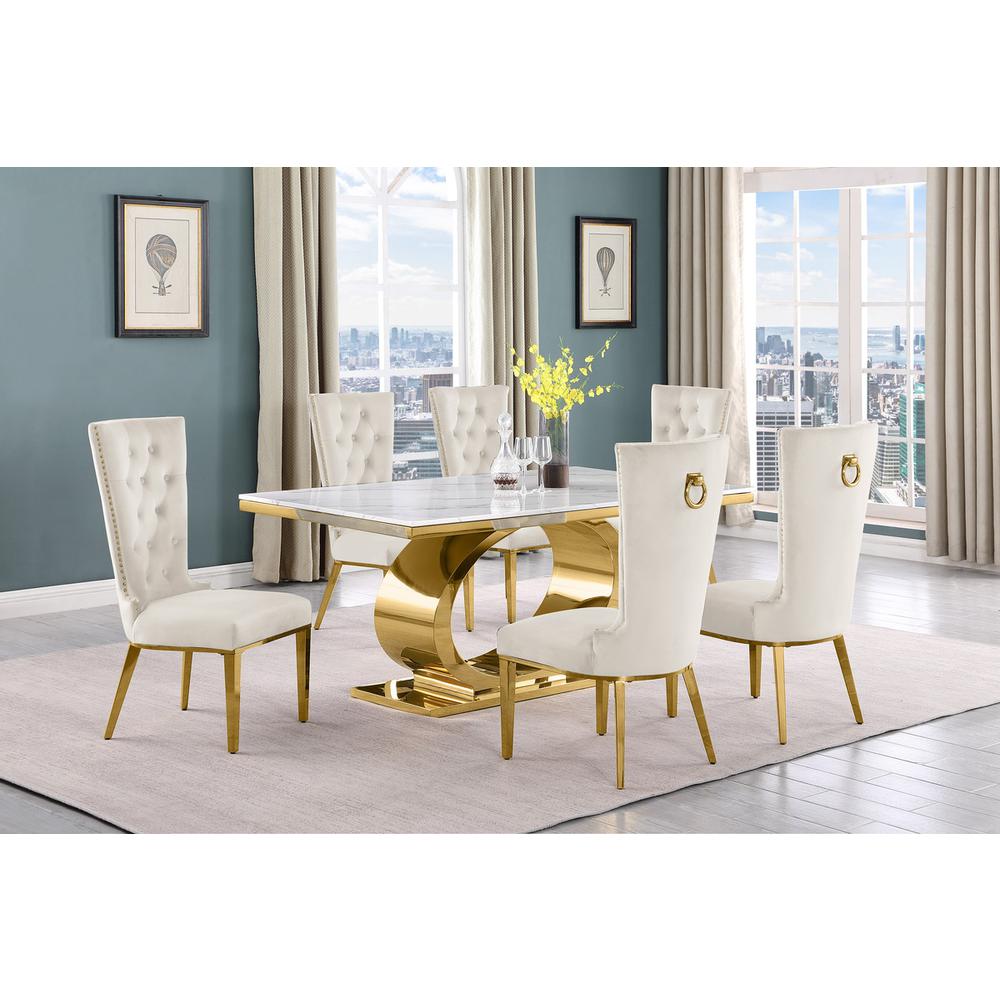 7pc Small(68″) marble top dining set with gold base and 6 Cream side chairs