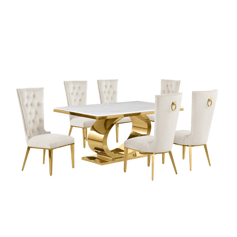 7pc Small(68″) marble top dining set with gold base and 6 Cream side chairs