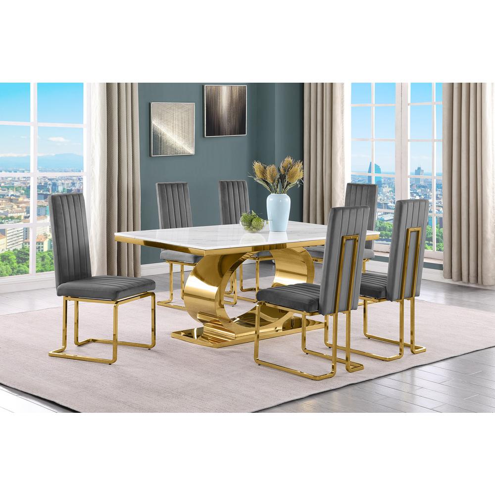 7pc Small(86″) marble top dining set with gold base and 6 Dark grey side chairs