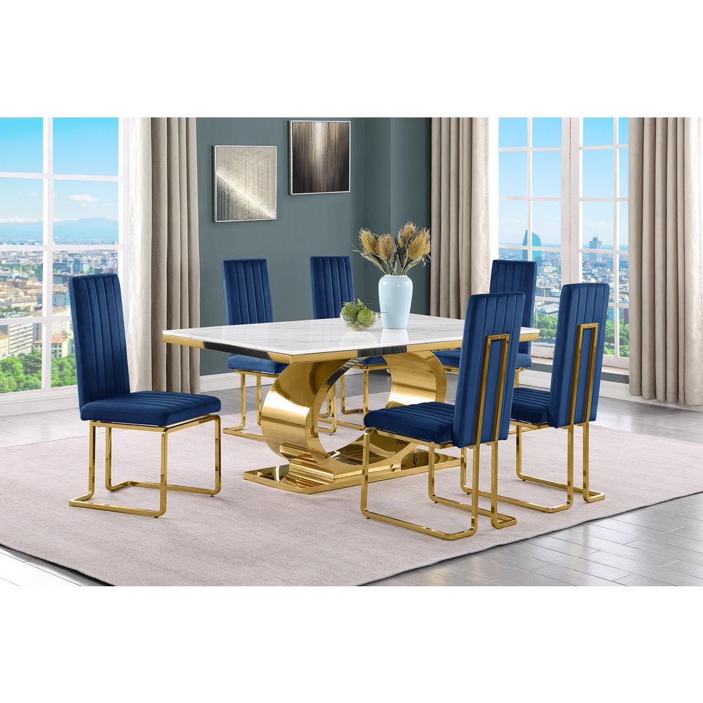 7pc Small(68″) marble top dining set with gold base and 6 Navy blue side chairs