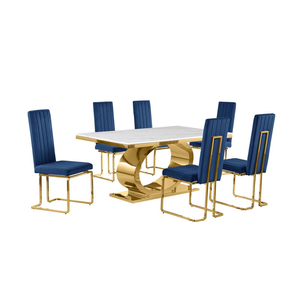 7pc Small(68″) marble top dining set with gold base and 6 Navy blue side chairs