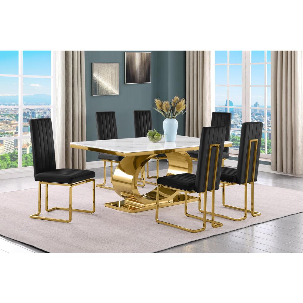7pc Small(68″) marble top dining set with gold base and 6 Black side chairs