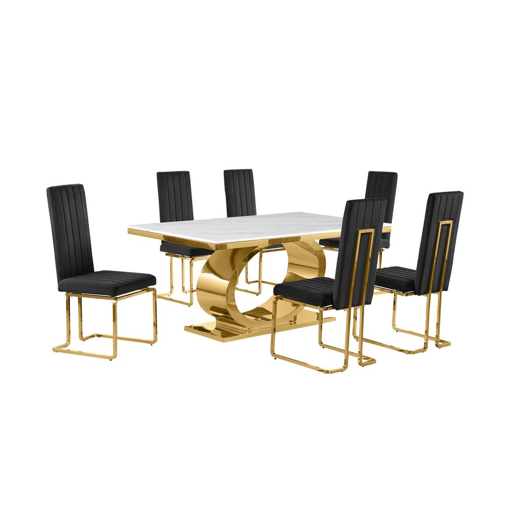 7pc Small(68″) marble top dining set with gold base and 6 Black side chairs