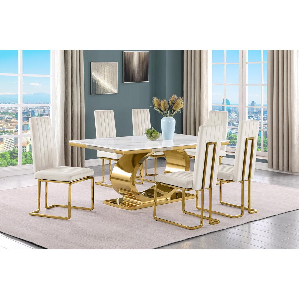 7pc Small(68″) marble top dining set with gold base and 6 Cream side chairs