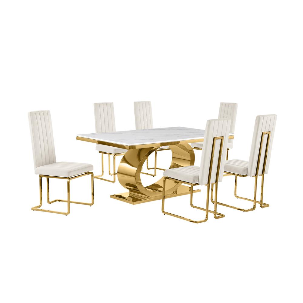 7pc Small(68″) marble top dining set with gold base and 6 Cream side chairs