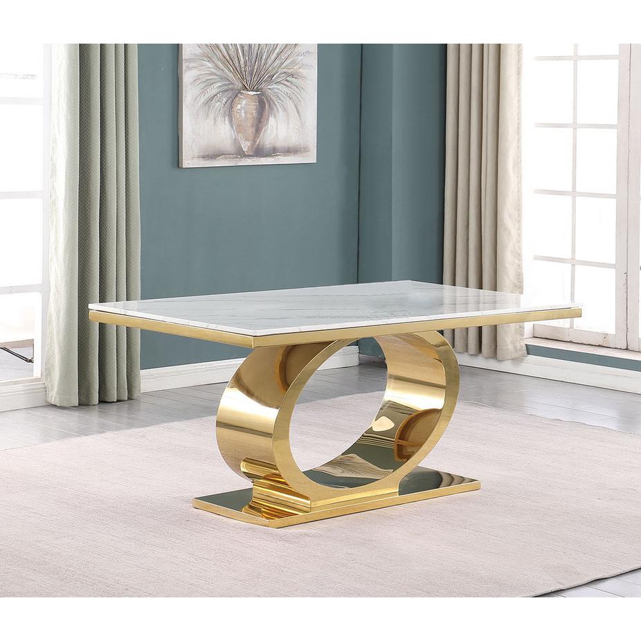 Large 87″ Rectangular marble top dining table with a gold color base