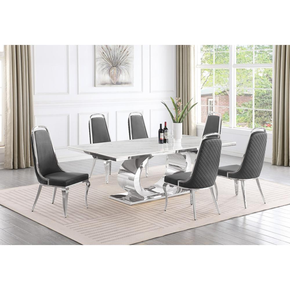 7pc Large (87″) marble top dining set with silver base and 6 Dark grey chairs