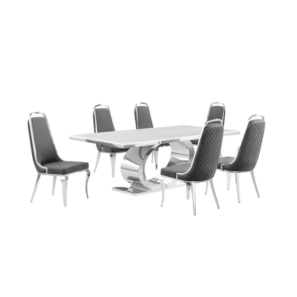 7pc Large (87″) marble top dining set with silver base and 6 Dark grey chairs