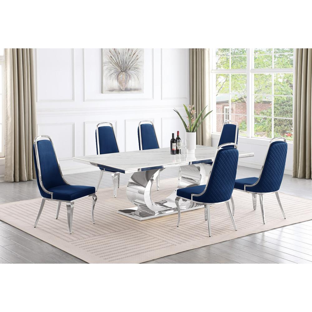 7pc Large (87″) marble top dining set with silver base and 6 Navy blue chairs