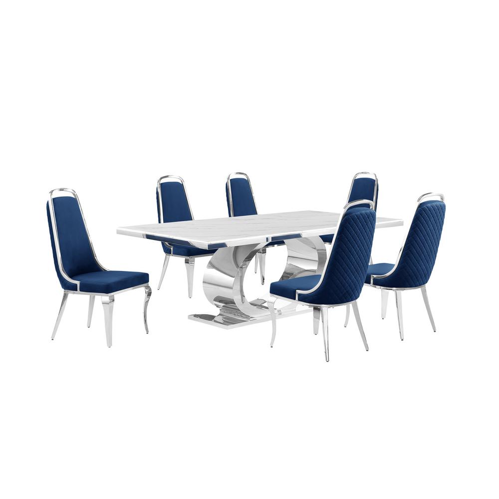 7pc Large (87″) marble top dining set with silver base and 6 Navy blue chairs