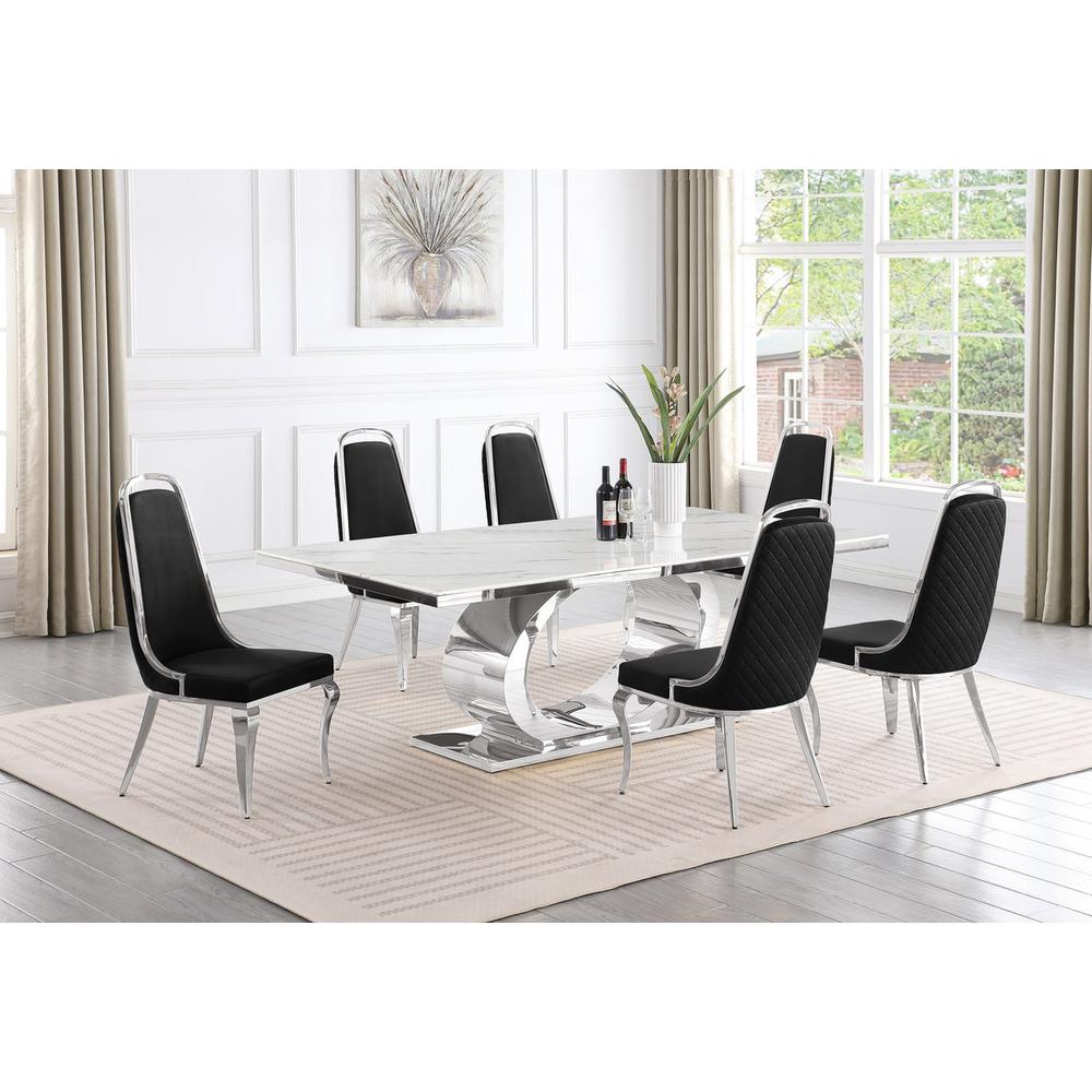 7pc Large (87″) marble top dining set with silver base and 6 Black side chairs