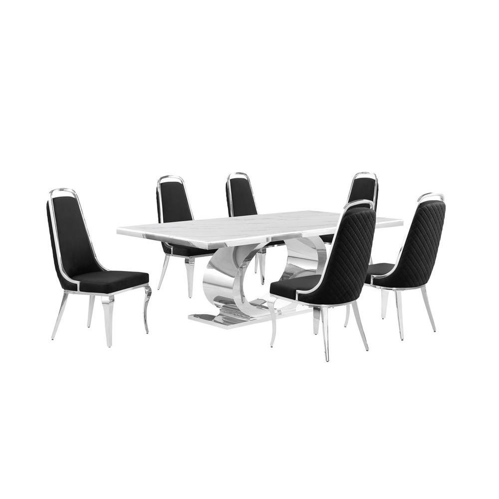 7pc Large (87″) marble top dining set with silver base and 6 Black side chairs