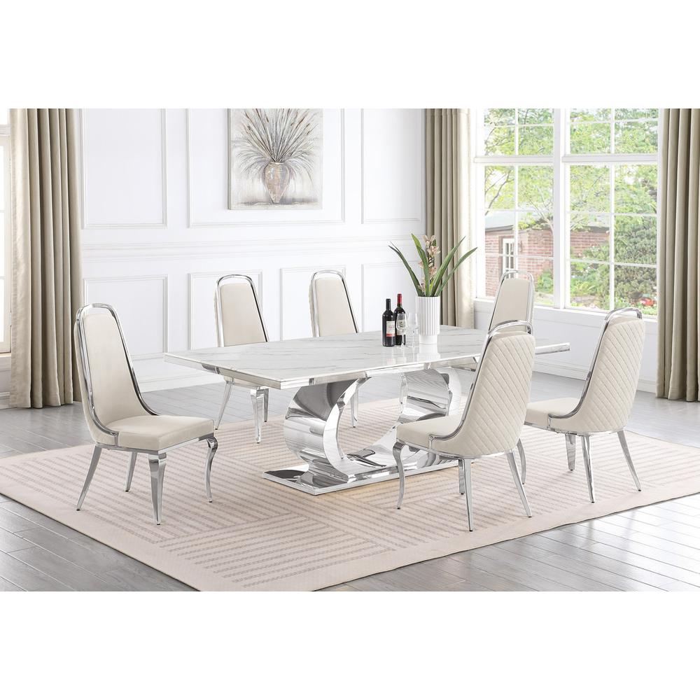 7pc Large (87″) marble top dining set with silver base and 6 Cream side chairs