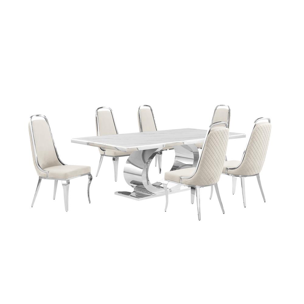 7pc Large (87″) marble top dining set with silver base and 6 Cream side chairs