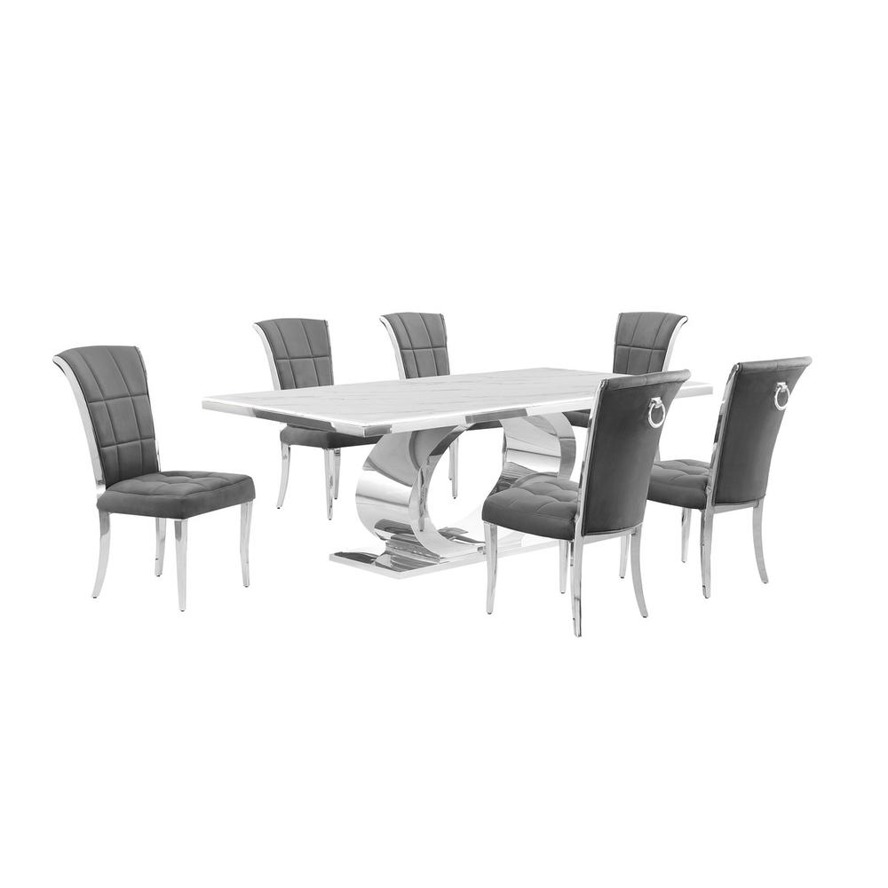 7pc Large (87″) marble top dining set with silver base and 6 Dark grey chairs