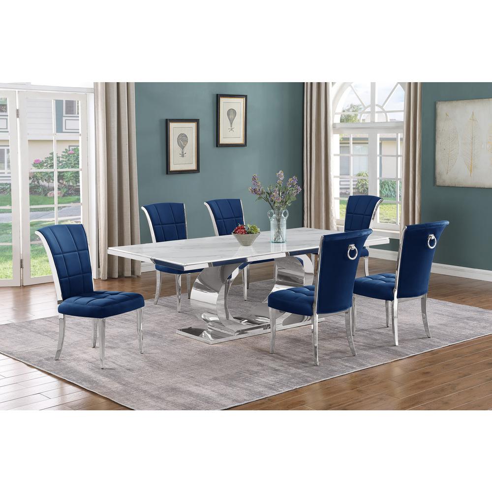 7pc Large (87″) marble top dining set with silver base and 6 Navy blue chairs