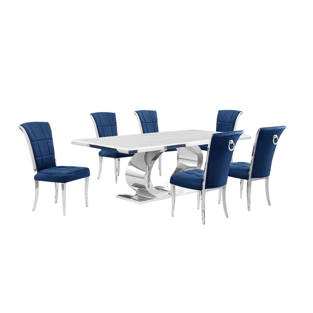 7pc Large (87″) marble top dining set with silver base and 6 Navy blue chairs