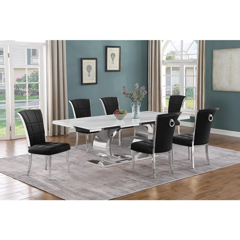 7pc Large (87″) marble top dining set with silver base and 6 Black side chairs