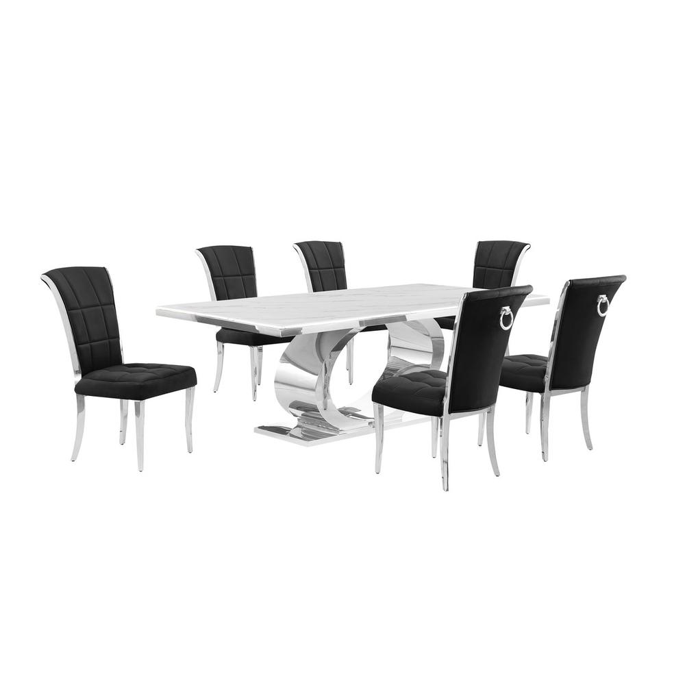 7pc Large (87″) marble top dining set with silver base and 6 Black side chairs