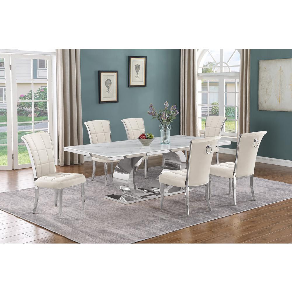 7pc Large (87″) marble top dining set with silver base and 6 Cream side chairs
