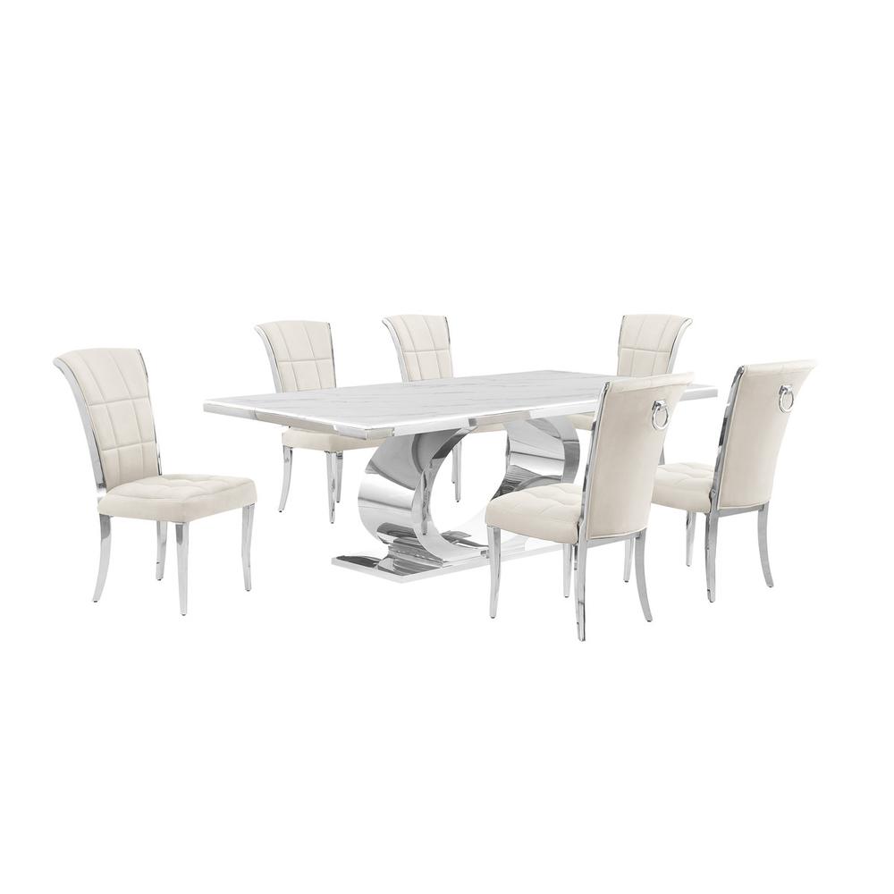 7pc Large (87″) marble top dining set with silver base and 6 Cream side chairs