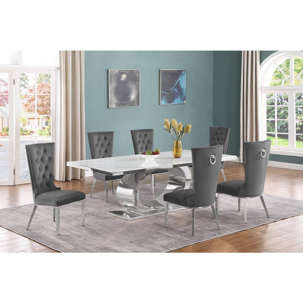 7pc Large(87″) marble top dining set with silver base and 6 Dark grey chairs