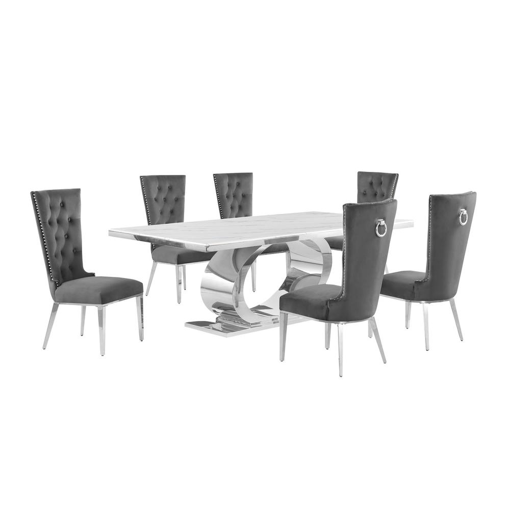 7pc Large(87″) marble top dining set with silver base and 6 Dark grey chairs