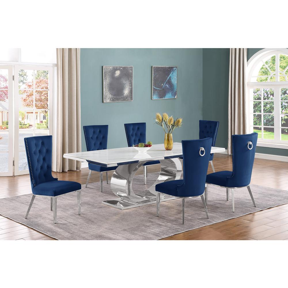 7pc Large(87″) marble top dining set with silver base and 6 Navy blue chairs