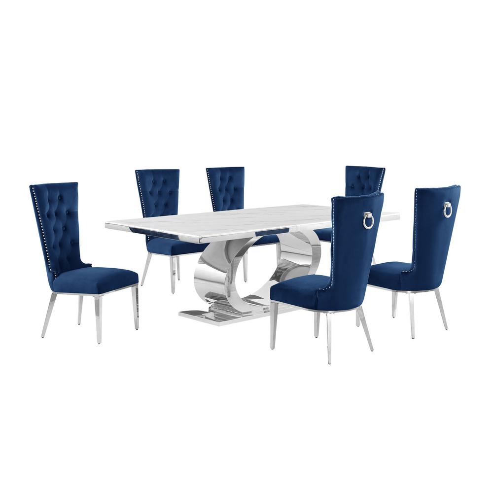 7pc Large(87″) marble top dining set with silver base and 6 Navy blue chairs