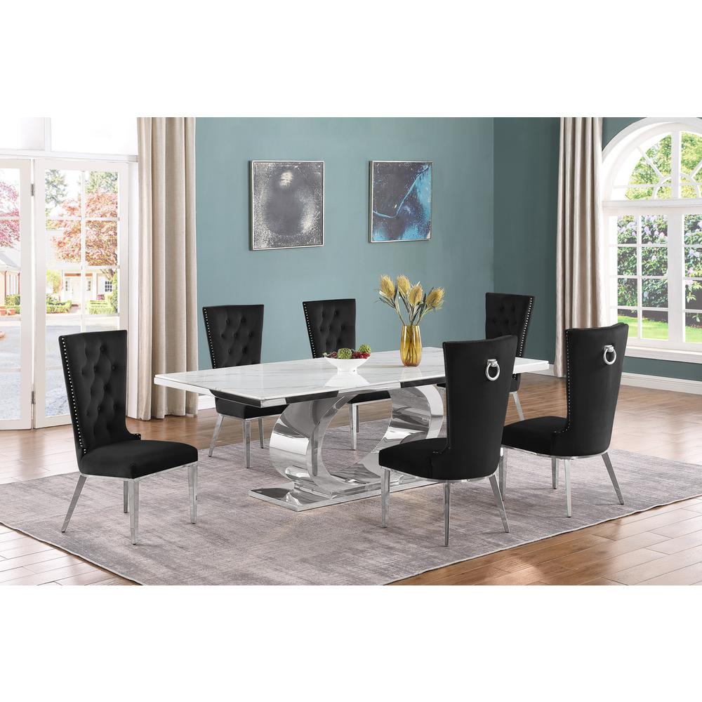 7pc Large(87″) marble top dining set with silver base and 6 Black side chairs