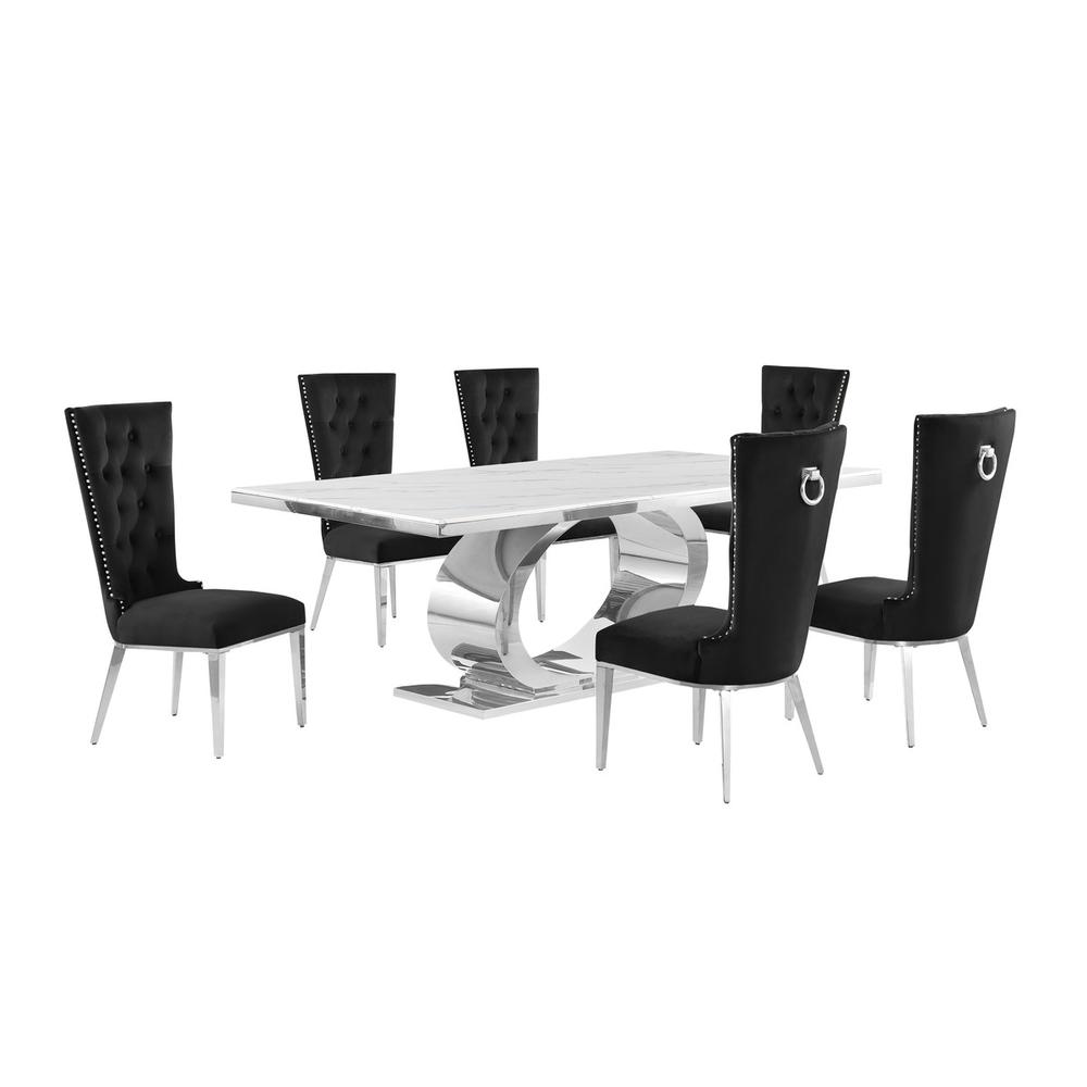 7pc Large(87″) marble top dining set with silver base and 6 Black side chairs