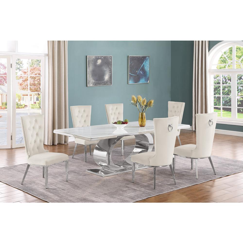 7pc Large(87″) marble top dining set with silver base and 6 Cream side chairs