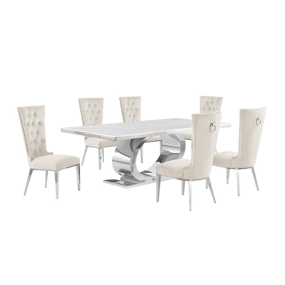 7pc Large(87″) marble top dining set with silver base and 6 Cream side chairs