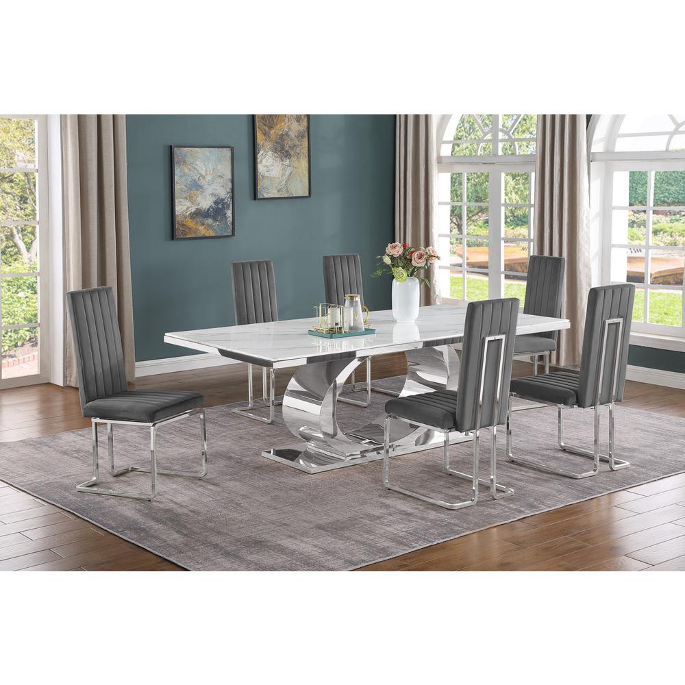 7pc Large(87″) marble top dining set with silver base and 6 Dark grey chairs