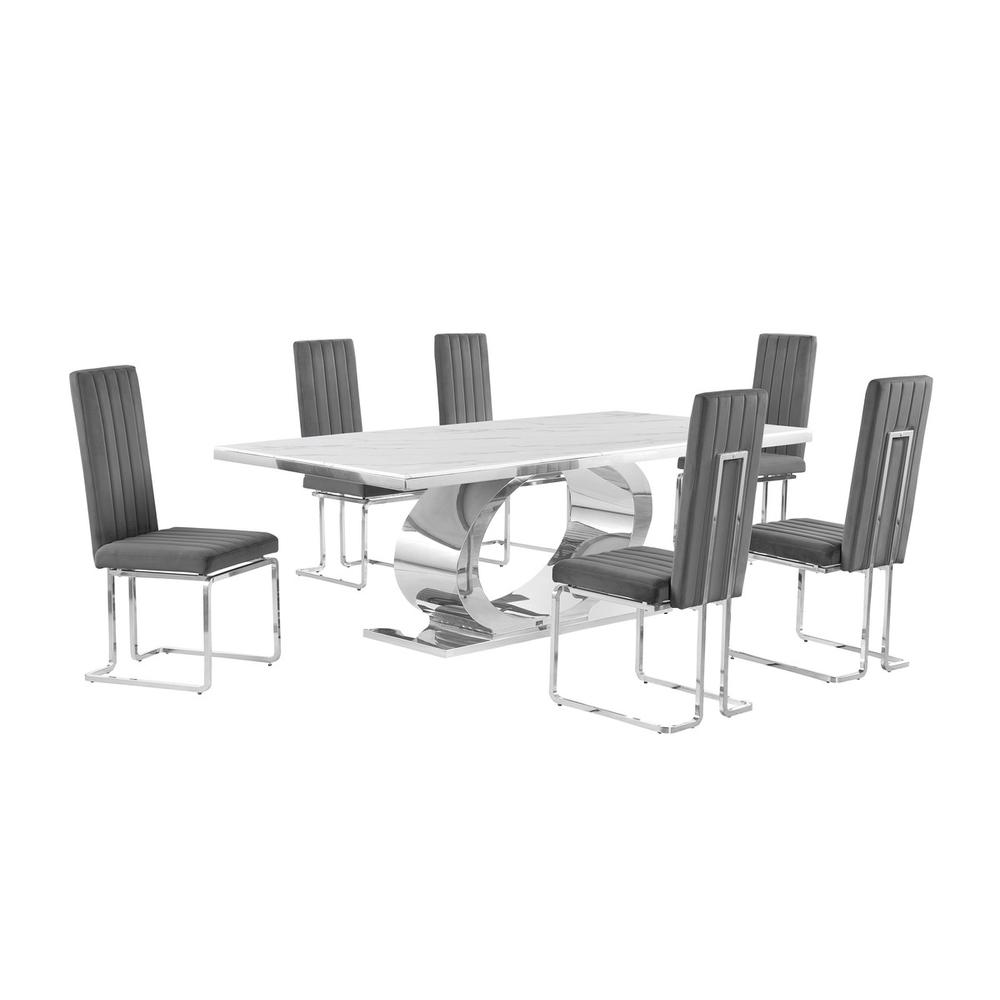 7pc Large(87″) marble top dining set with silver base and 6 Dark grey chairs