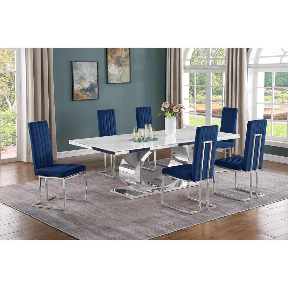 7pc Large(87″) marble top dining set with silver base and 6 Navy blue chairs