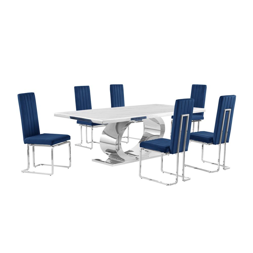 7pc Large(87″) marble top dining set with silver base and 6 Navy blue chairs