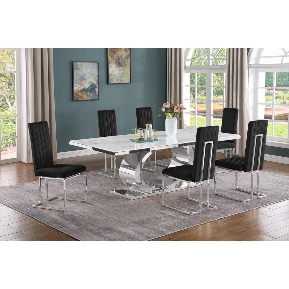 7pc Large(87″) marble top dining set with silver base and 6 Black side chairs