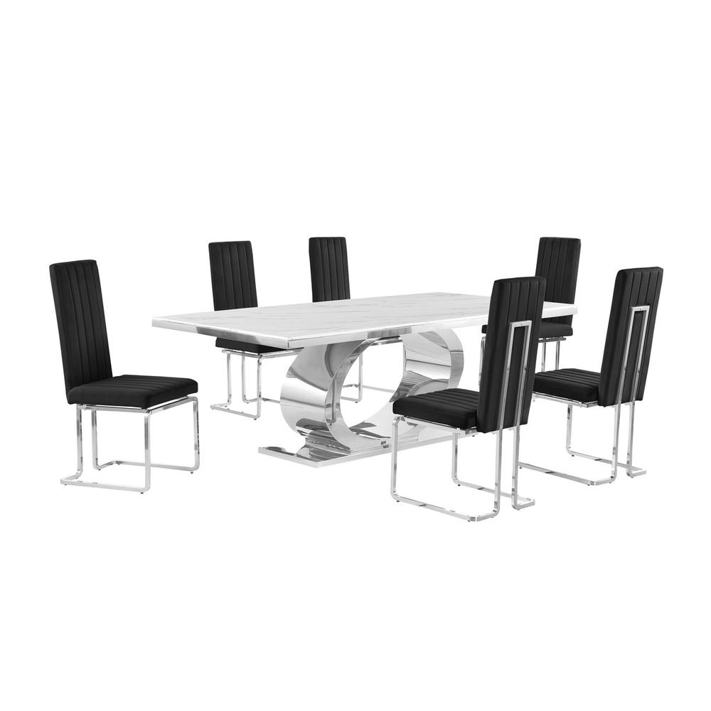 7pc Large(87″) marble top dining set with silver base and 6 Black side chairs