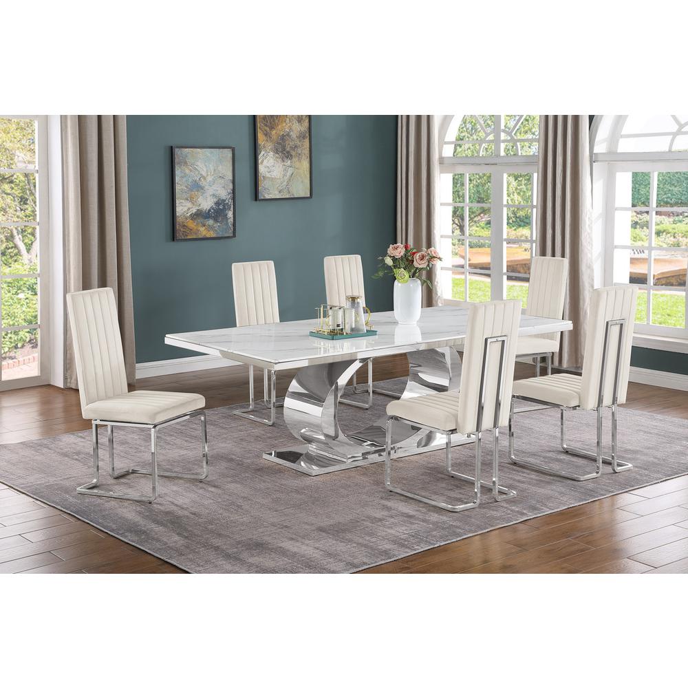 7pc Large(87″) marble top dining set with silver base and 6 Cream side chairs