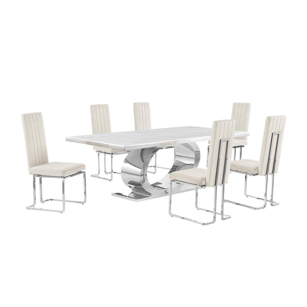 7pc Large(87″) marble top dining set with silver base and 6 Cream side chairs