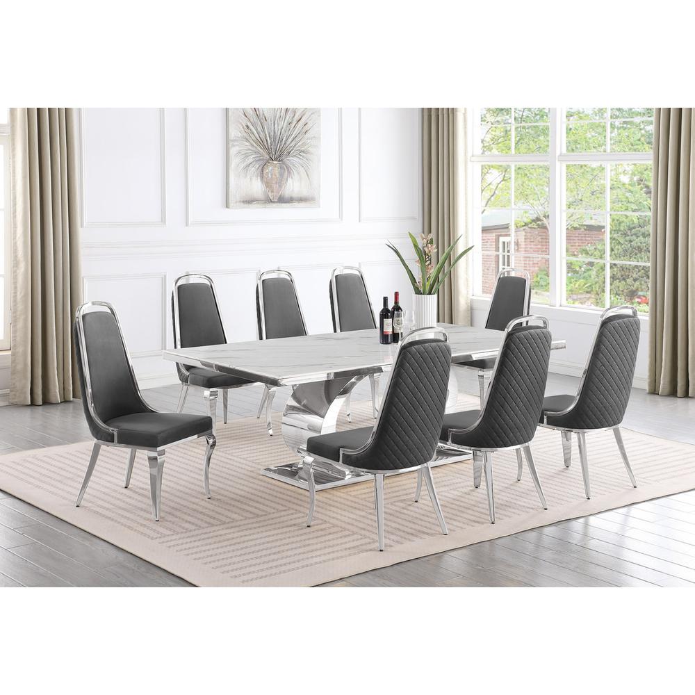 9pc Large(87″) marble top dining set with silver base and 8 Dark grey chairs