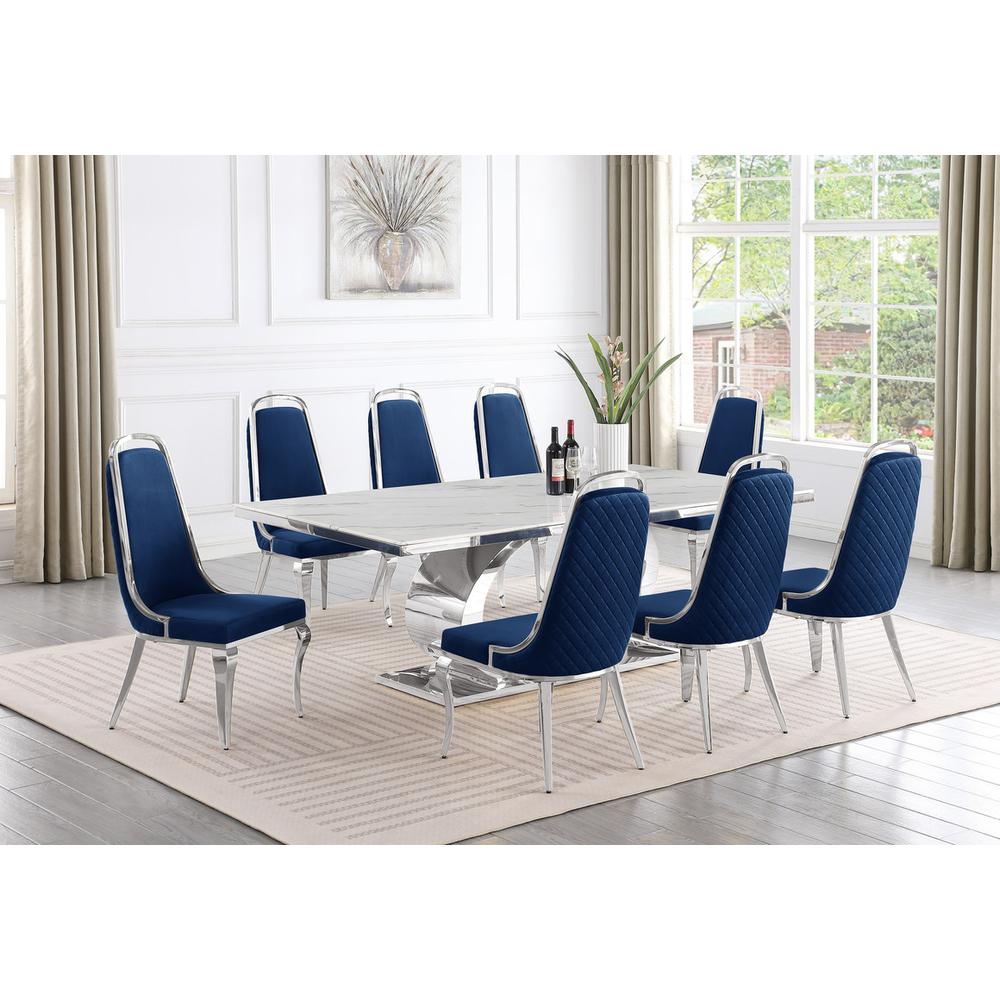 9pc Large(87″) marble top dining set with silver base and 8 Navy blue chairs