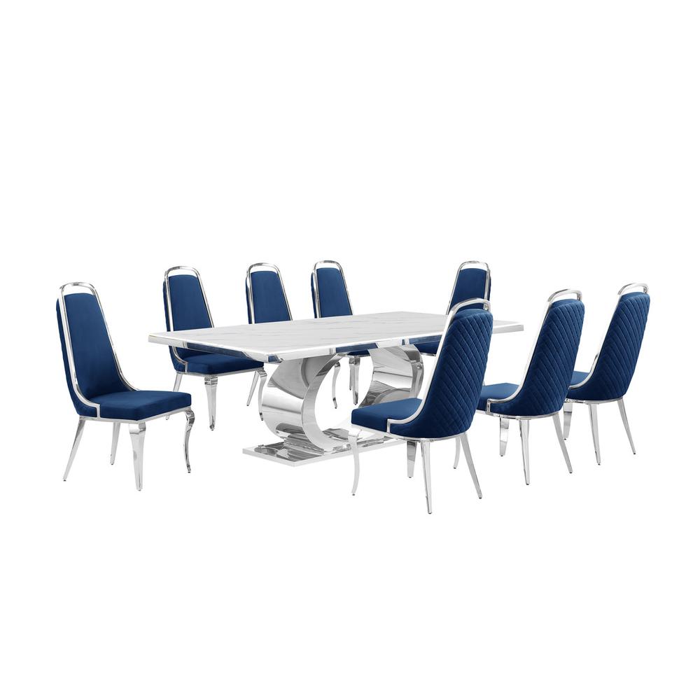 9pc Large(87″) marble top dining set with silver base and 8 Navy blue chairs